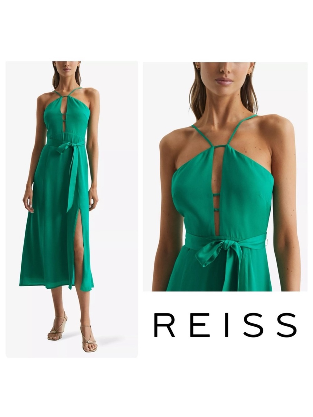 New! Reiss Arianna Plunge Halter Neck Cut-out Midi Dress in Emerald Green - Picture 11 of 11